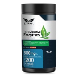 TETRA DIGESTIVE ENZYMES 200 capsulas (800 mg por porcion) 9 tipos de Enzimas Digestivas + Probioticos con Fibra Digestiva y Citrato de Magnesio
