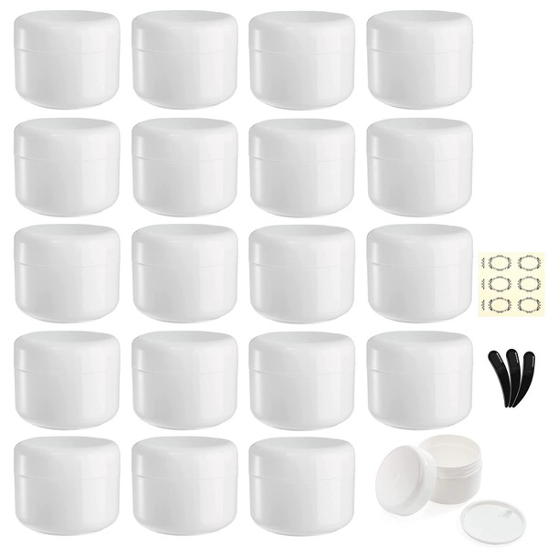 Yalbdopo 20 x 20g Empty Cosmetic Sample Jars with 3 Mini Spatulas and Labels White Plastic Refillable with Dome Lid and Inner Lining