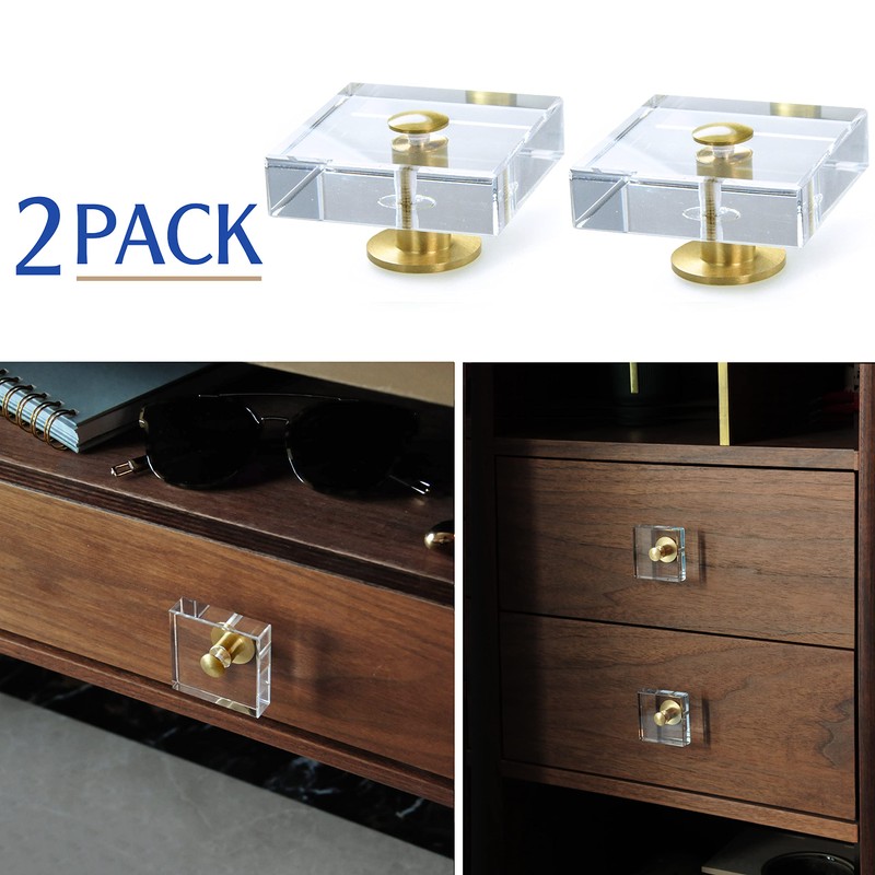 JEREVER 2 Pack Acrylic Knobs Large Size Crystal Brass Drawer