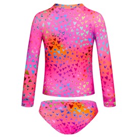 TENVDA Girls Swimsuit Long Sleeve Rashguard Set Size 9-10 Years Old Hotpink Hearts Summer Beach Bathing Suits Swimwear