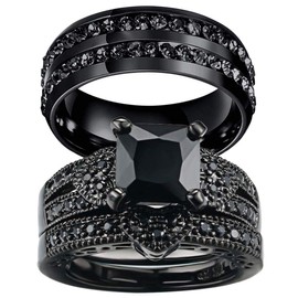Couple Rings Black Rings Princess Cut Cz Womens Wedding Ring Sets Titanium Steel Rhinestone Mens Wedding Bands