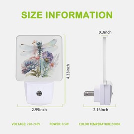 AOWULA Floral Night Light,Dragonfly Watercolor Plug into Wall Nightlights with Dusk to Dawn Light Sensors for Bedroom, Bathroom, Hallway, Kitchen, Night Lights for Boys Girls Women Men