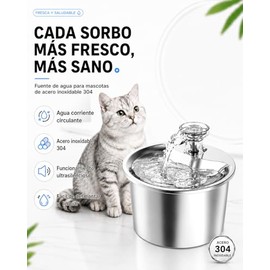 Fuente de Agua para Gato - Dispensador Automático de Agua para Mascota de Acero Inoxidable de 2L/67 oz