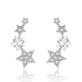 QUKE 925 Sterling Silver Star Shape Clear CZ Crystal Climber Ear Vine Earring For Girls Woman