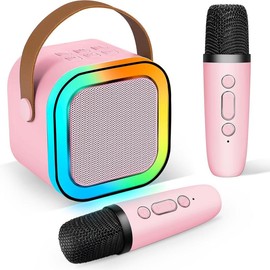Mini karaoke machine with microphone sound system, portable karaoke machine with 2 wireless microphones, birthday gifts for girls and children aged 4-12,family gatherings - Color: pink