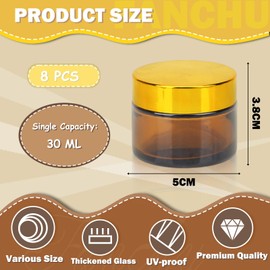 Fanchu Pack of 8 Cream Containers, Amber Glass Empty Cream Jars, 30 ml Cream Jars for Filling, Glass Container with Lid and Liner for Cosmetics, Creams, Lotions, Essential Oils