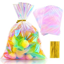 Aubeco 180Pcs Iridescent Treat Bags, 5x7 Inch Cellophane Goodie Bags with Twist Ties for Baby Shower, Easter, Valentine's Day