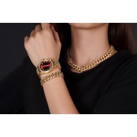 Halukakah Diamonds Gold Watch Iced Out,Women's Platinum White Gold Plated 36MM Width Red Dial Quartz Wristband 8",Free Giftbox