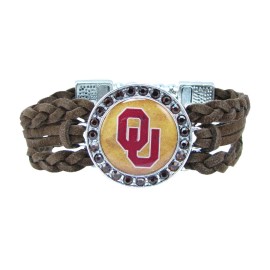 Unbranded Oklahoma Sooners Braided Brown Leather Crystal Bracelet Jewelry Red OU Gift