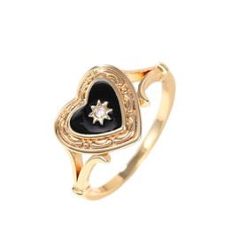 18 Gold Plated Obsidian Black Agate Dropped Gum Heart Luxury Ring Dark Gothic Black Enamel Heart Ring Dropped Oil Lightweight Luxury Couple Ring, US Code 7, Metal, Obsidian