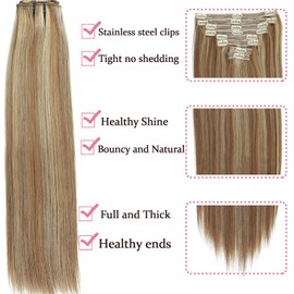 Clip in Human Hair Extensions Real Hair Extensions Straight Chestnut Brown Mixed Bleach Blonde Remy Hair Extensions Clip in Human Hair Natural Real Hair Extensions 120g 8pcs (18inch #6/613)
