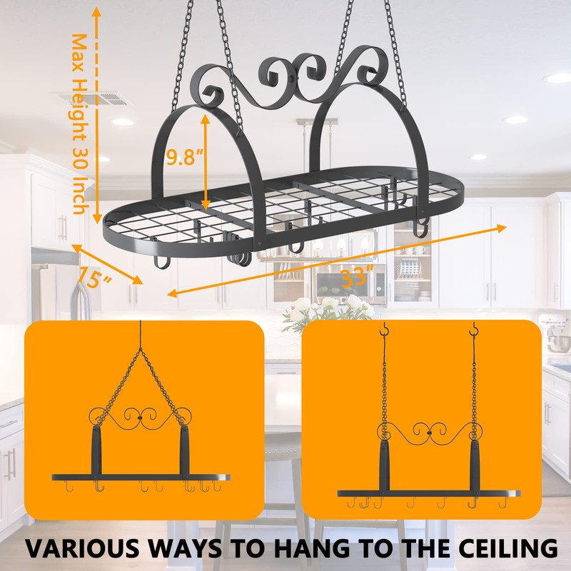 TICKCACY 33" Pots and Pans Hanging Rack, Heavy-duty Metal Pan