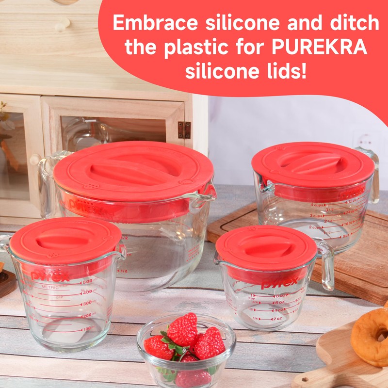 4 Pack Silicone Replacement Lids, Respectively Fits Pyrex 1-Cup, 2-Cup,