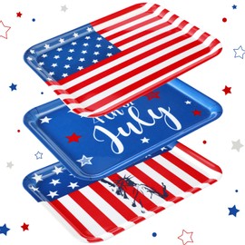 Rtteri 3 Pcs 13 x 10 Inch 4th of July Serving Trays Large Patriotic Plastic USA Flag Serving Dishes Decorations American USA Decorations for Party Plastic Platters Restaurant Coffee Table Kitchen