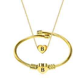 NIBASTAR Heart Jewelry Set Stainless Steel Necklace Bracelet for Women Girls (Gold Color, B)
