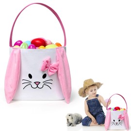 Qavctw Easter Bunny Baskets with Long Ear, Easter Bunny Egg Bags Rabbit Pattern Design Canvas Cotton Bunny Basket Egg Gift Bags Easter Tote Bags with Handles for Easter