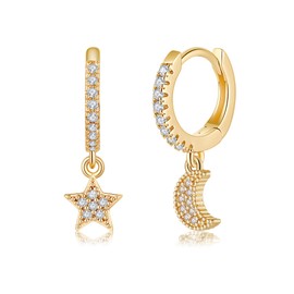 S925 Sterling Silver Post Huggie Hoop Earrings, 14K Gold Plated Dangle Small Hoop Cuff Earring Hypoallergenic Dainty Cubic Zirconia Snake Ball Spike Evil Eye Moon Star Huggie Hoop Earrings, Metal
