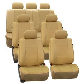 FH Group Three Row Car Seat Covers Deluxe Leatherette with 7 Seater, Airbag Compatible and Rear Split Bench– Universal Fit for Cars Trucks & SUVs (Beige)