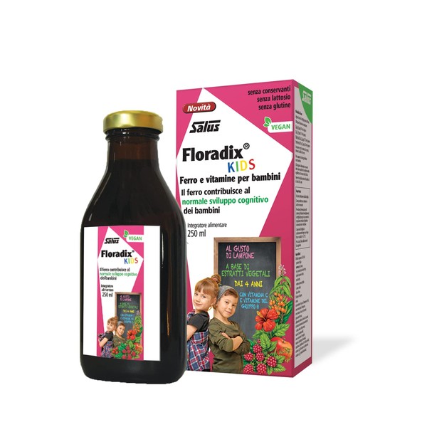 Salus Floradix Kids Food Supplement to Promote Normal Cognitive Development with Iron and Vitamins for Children, Raspberry Flavour - 250ml