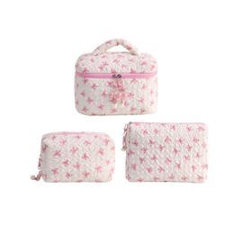 Aylashine Makeup Pouch, Toiletry Bag, Large Capacity, Cosmetics Storage, Small Storage Accessories, Women's, Handbag, For Going Out, Cute, Practical, Stylish, Bowknot (Set of 3), white/pink