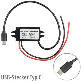 revolt DC-DC-Abwärtswandler: DC/DC-Spannungswandler für 12/24 zu 5 V, 3 A, IP67, USB-Stecker Typ C (Step-Down-Wandler USB Typ C, USB-C-DC-DC-Konverter, Überspannungsschutz)
