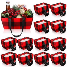 Glenmal 72 Pcs Christmas Baskets for Gifts Empty Kraft Basket Bulk with Handles 9.8 x 6.5 x 4.3'' Gift bag for Christmas Xmas Holiday Birthday Party Gift Packages Wrapping, Red and Black Plaid
