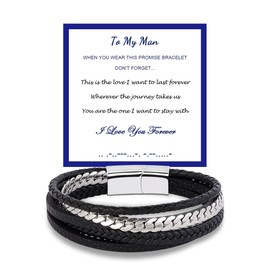 JAZTAKU Mens Black Leather Bracelet 8" Cuff Bangle To My Man Infinity Leather Bracelet with Stainless Steel Clasp