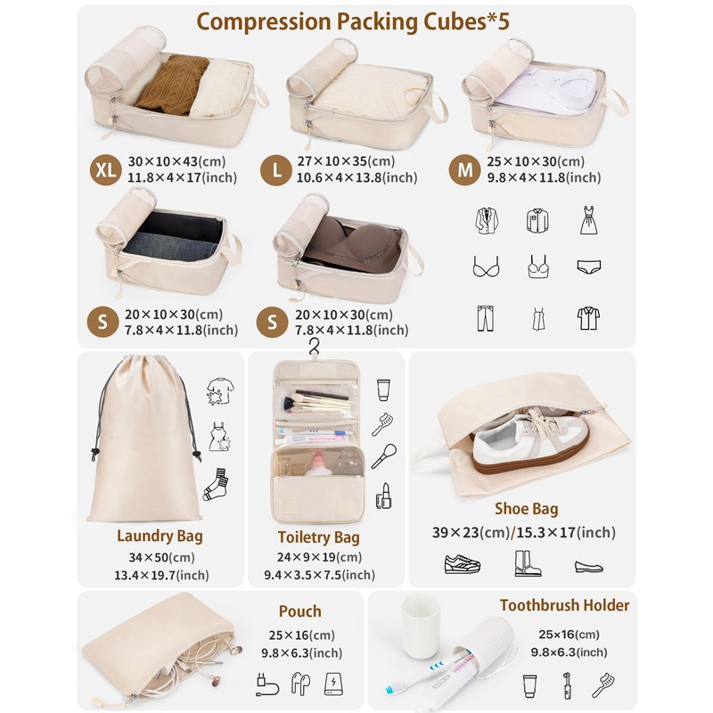Anjing Packing Cubes Compression - 10-Piece Suitcase Organiser Set with