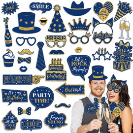 HOWAF 36pcs Birthday Photo Booth Props Glitter Blue Gold Photo Props Kits Party Decoration for 16th 18th Men Women Happy Birthday Photo Props Favor, Glitter Blue Funny Birthday Party Prop Pose Sign