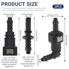 Set of 2 7.89mm ID6 SAE to 5/16 8mm Car Fuel Line Hose, 1 Set 90 Degree, 1 Set Straight, Quick Release Connector, Disconnect Hose, Fuel Hose Coupling
