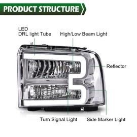 GRAND ORANGE LED DRL BAR Headlights Assembly Compatible with 2005 Ford Excursion/Fit 05-07 Ford F250 F350 F450 F550 Super Duty Head Lamps Clear Chrome