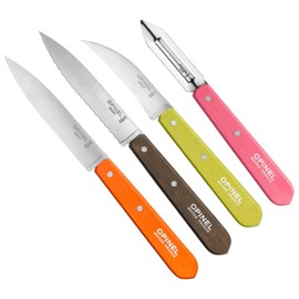 Opinel Les Essentials - Small Kitchen 4 Piece Knife Set - Paring Knife, Serrated Knife, Peeler, Vegetable Knife, Corrosion Resistant High Carbon Steel, Made in France (Primo)