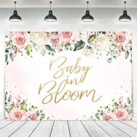 Ufeela Baby in Bloom Backdrop Pink Flower Baby Shower 7Wx5H Feet Fabric Polyester Girl Rustic Floral Watercolor Rose Blossom Plant Gold Dot Newborn Photography Background Banner Photo Shoot Decor Prop