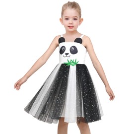 Girls Dress Panda Bamboo Animal White Black Tulle Sequin Strap Sundress Size 6