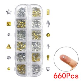 Crystal Rhinestones, 12 Grids Gold & Silver Flatback Rhinestones for Nail Decoration, Face Body Eyes Make Up, DIY Decals Decoration (12 Shapes)