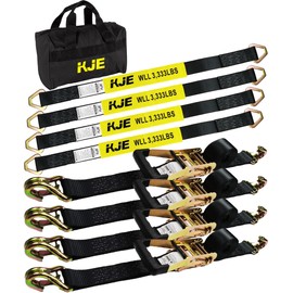 KJE Heavy Duty Car Trailer Tie Down Straps 4 Pack Kit - 2" x 8' Ratchet Straps + J-Hooks with Clip, 2" x 36'' Axle Straps - 10,000lbs Break Strength - Use for Car, Truck, UTV Transport