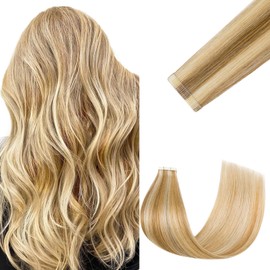 FUOTONBUTY Tape in Hair Extensions Real Human Hair Double Stitched Invisible Seamless 20pcs 50g (Balayage Caramel Blonde to Bleach Blonde, 22 inch)