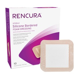 Rencura Silicone Bordered Foam Dressing 4" x 4" - Gentle Adhesive Bandage with Secure Border for Wound Care, Protects Sensitive Skin, Highly Absorbant, 10 Pack