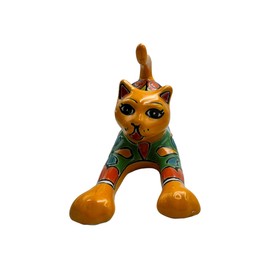 Talavera Cat Stretching Cute Mexican Pottery Folk Art Hand Painted Handmade Home Decor Indoor Outdoor Multicolor Length 14" (Yellow Multi)