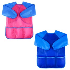 Zkptops 2 Pack Kids Art Smock Colorful Waterproof Children Art Aprons Artist Painting Aprons with Long Sleeve 3 Roomy Pockets for Age 3-7 Years Blue and Pink