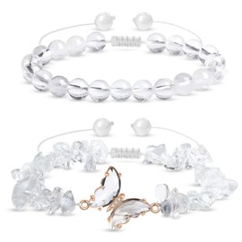 2 Stück Verstellbare Schmetterlings Klare Quarzarmbänder für Damen, 8mm Natürlicher Transparentes Edelstein Armband Schmuck für Muttertag Geburtstag Valentinstag Weihnachten Geschenke (Klare Quarz)