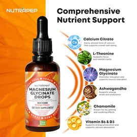 NutraPep Liquid Magnesium Glycinate Drops Supplement - 500mg Cortisol Complex with L-Theanine Ashwagandha Vitamin B6 Chamomile - Wellness Sleep Stress