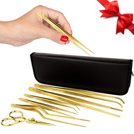 O'Creme Set of Culinary Tweezer Tongs Offset, Straight and Curved, Plus Super Sharp Chef Scissors, Total 6 Pieces (Gold)
