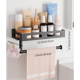 Paper Towel Holder Wall Mount for Kitchen, One-Handed Tear, Bathroom Paper Towel Holder with Shelf, Spice Rack & RV Paper Towel Rack, Paper Roll Holder with 4 Hooks, Matte Black