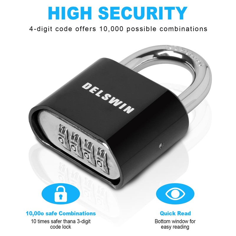 DELSWIN 4-Digit Combination Lock Outdoor Padlock - Heavy Duty Locker