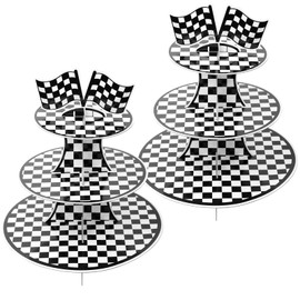 2pcs Race Car Birthday Party Decoration, 3 Tier Car Cupcake Tower Stand for 48 Cupcakes with Black & White Checkered Flag Racing Car Theme Party Supplies for Boys Men Car Lover