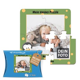 PR Print Royal Wooden Photo Puzzle for Children with Name and Photo Puzzle Design Yourself - My Little Puzzle with Penguin, Children's Puzzle | 19 x 19 cm, 4 Pieces in Cardboard Packaging