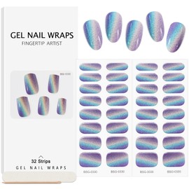 32PCS Cured Gel Nail Strips EBANKU Real Nail Polish Strips Wraps Long-Lasting Waterproof Gel Nail Polish Wraps Full Wrap Gel Nail Art Stickers UV/LED Lamp Required (Cateye Blue)