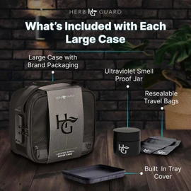 Herb Guard Large Smell Proof Bag & Case with Combination Lock (Holds Up to 3 Ounces) - Includes YKK Zippers, 50ml Smell Proof Container and Jar, Built in Tray & Travel Bags (Black)