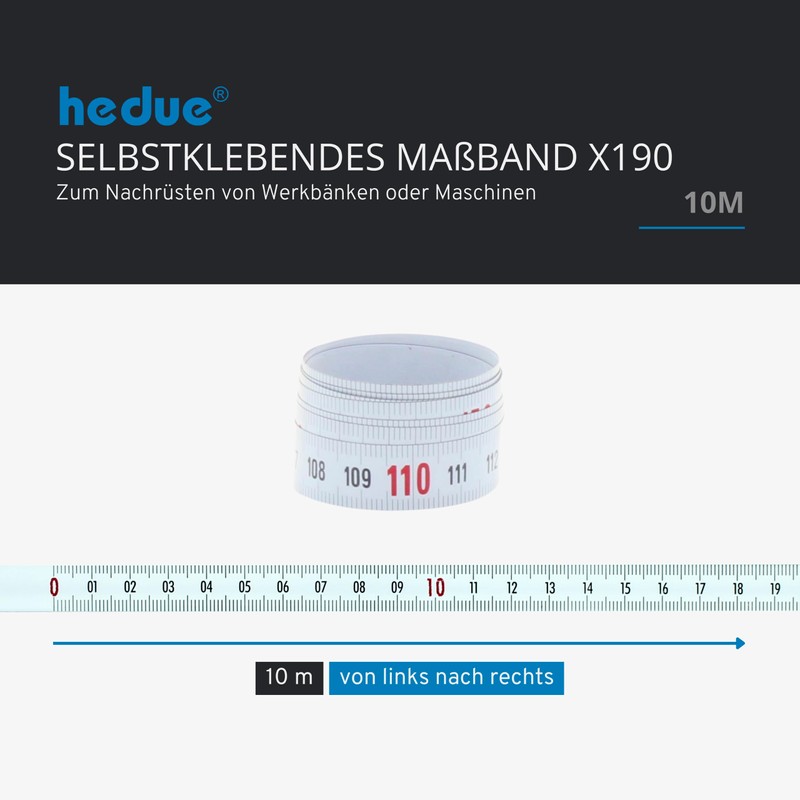 hedue® selbstklebendes Maßband 10 m X190 - Massband selbstklebend ,